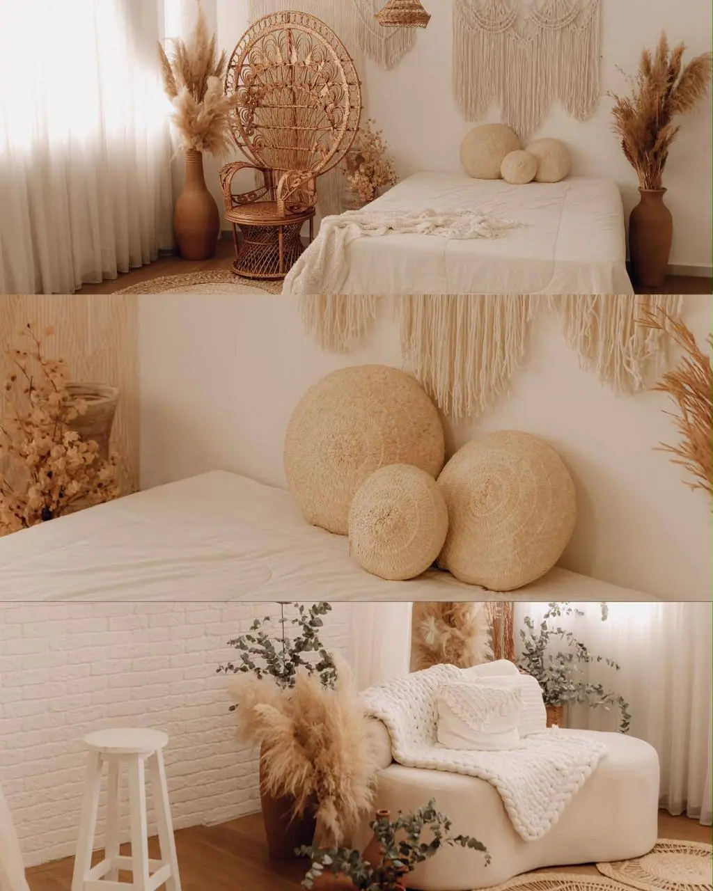 Espaço boho com cama, macramê e pampas